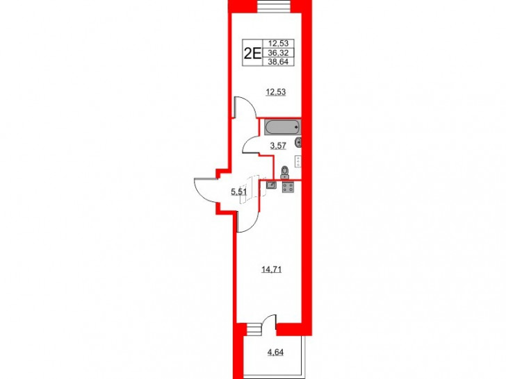 Однокомнатная квартира 38.64 м²