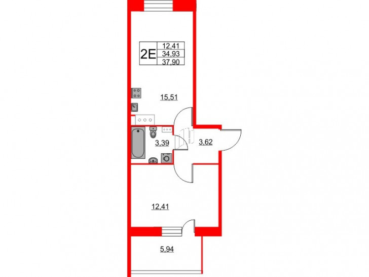 Однокомнатная квартира 37.9 м²