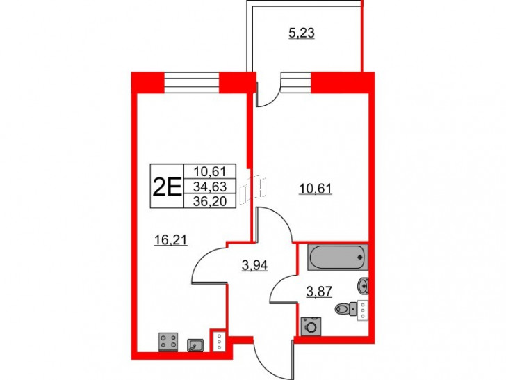 Однокомнатная квартира 36.2 м²