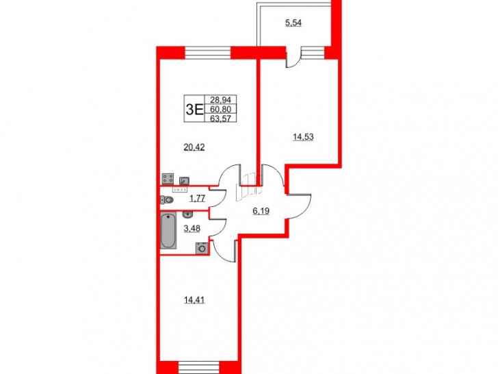 Двухкомнатная квартира 63.57 м²